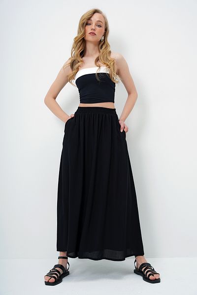 Trend Alaçatı Stili Women's Black Double Pocket Flared Woven Skirt Alc-X13876