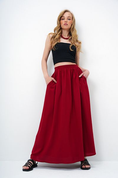 Trend Alaçatı Stili Women's Burgundy Double Pocket Flared Woven Skirt Alc-X13876