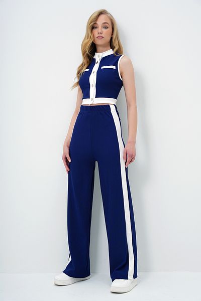 Trend Alaçatı Stili Women's Navy Blue Stand Collar Metal Button Color Block Crop Blouse and Palazzo Pants Set Alc-X13916