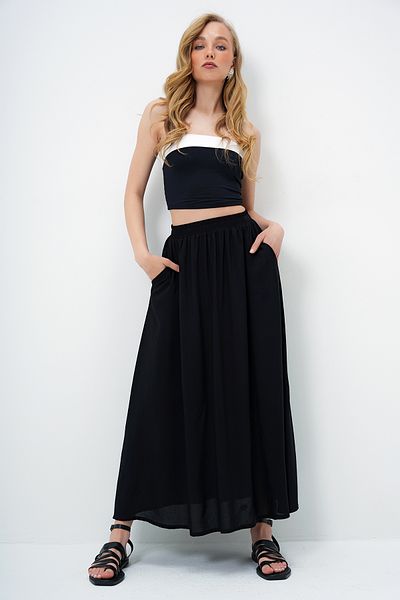 Trend Alaçatı Stili Women's Black Double Pocket Flared Woven Skirt Alc-X13876