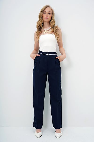 Trend Alaçatı Stili Women's Navy Blue Double Pocket Piping Detailed Pleated Palazzo Woven Trousers Alc-X13925