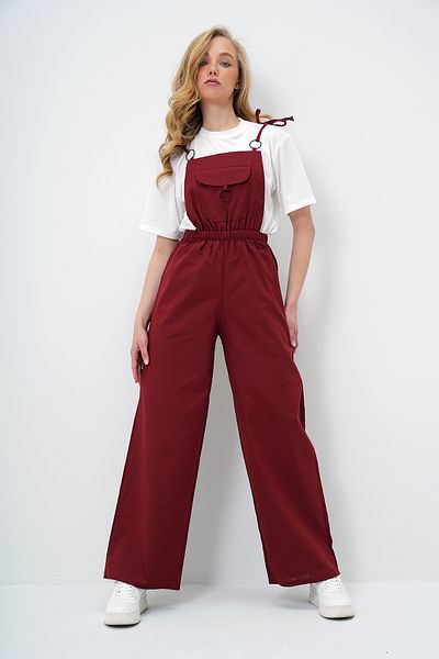 Trend Alaçatı Stili Women's Burgundy Aerobin Salopet Trousers with Front Pocket and Strap Ring Detail Alc-X13581