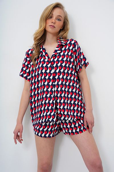 Trend Alaçatı Stili Marineblauer, geometrisch gemusterter, geknöpfter, gewebter Pyjama-Anzug für Damen PJM-X13889