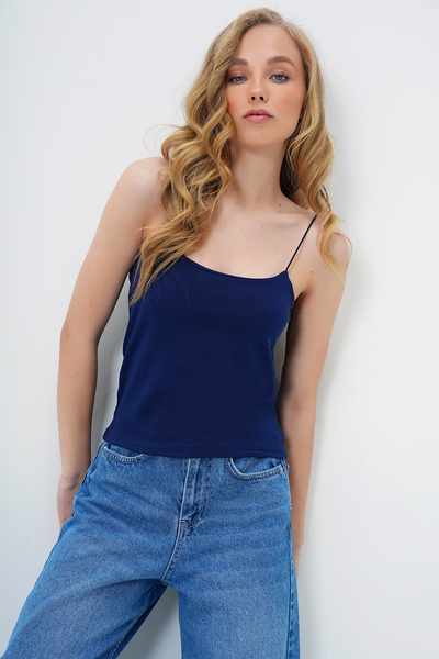 Trend Alaçatı Stili Women's Navy Blue Rope Strap Double Layer Compac Combed Cotton Blouse Alc-X11311