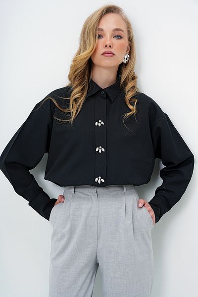 Trend Alaçatı Stili Women's Black Stone Buttoned Oversize Poplin Shirt Alc-X13934