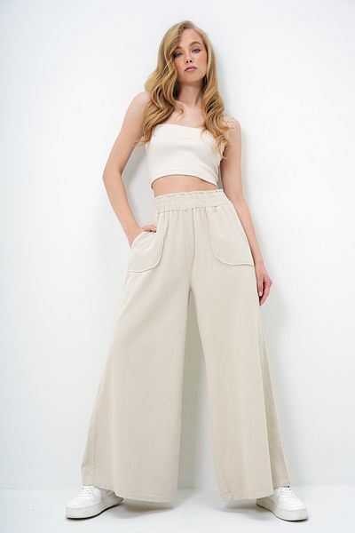 Trend Alaçatı Stili Women's Beige Waist Gipped Double Pocket Wide Leg Gabardine Trousers Alc-X13949
