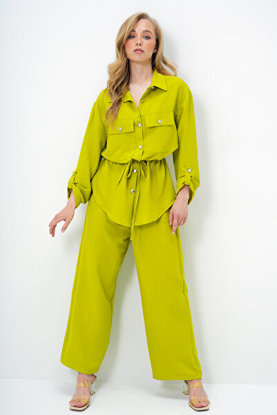 Trend Alaçatı Stili Women's Oil Green Double Pocket Safari Jacket and Wide Leg Aerobin Pants Suit with Elastic Waist Ymx8448