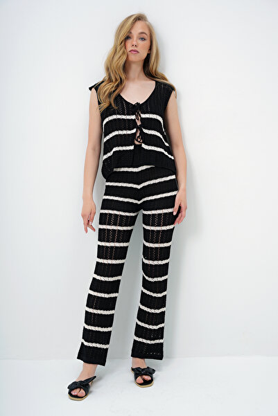 Trend Alaçatı Stili Women's Black Hole Openwork Striped Tied Knitwear Vest and Palazzo Pants Set Alc-X13939