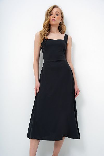 Trend Alaçatı Stili Women's Black Square Collar Thick Strap Design Midi Length Dress Alc-X13875