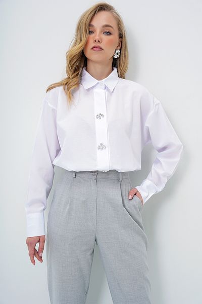 Trend Alaçatı Stili Women's White Stone Buttoned Oversize Poplin Shirt Alc-X13934