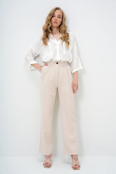 Trend Alaçatı Stili Women's Beige Double Pocket Piping Detailed Pleated Palazzo Woven Trousers Alc-X13925