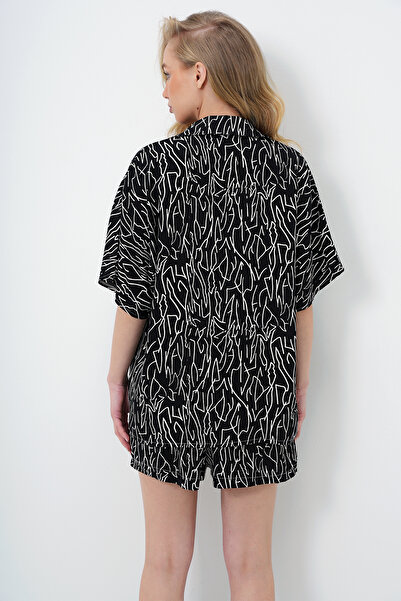 Trend Alaçatı Stili Női fekete kabát hajtóka Oversize poplin ing és felköthető rövidnadrág szoknya szett ALC-X13941