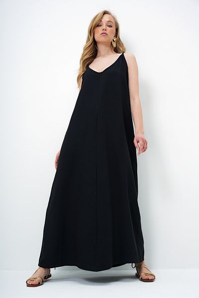 Trend Alaçatı Stili Women's Black Adjustable Strap V-Neck Aerobin Summer Dress Alc-X14067