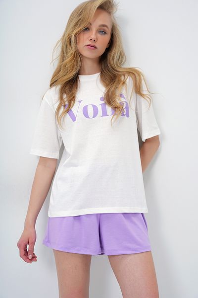 Trend Alaçatı Stili Women's Lilac Front Text Printed Cotton Basic T-Shirt and Shorts Combed Cotton Bottom Top Set Pjm-X13902