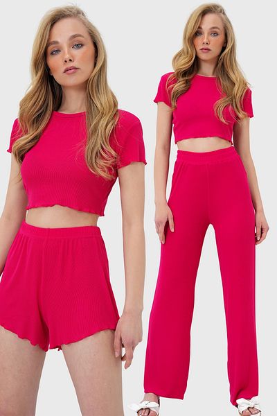 Trend Alaçatı Stili Women's Fuchsia Crew Neck Crop Blouse, Shorts and Pants 3 Piece Set Pajama Set Pjm-X13916