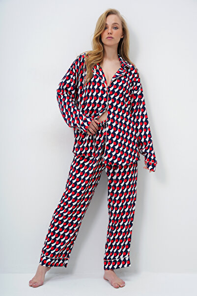 Trend Alaçatı Stili Women's Red Piping Detailed Long Sleeve Shirt and Trousers Pajama Set Pjm-X13912