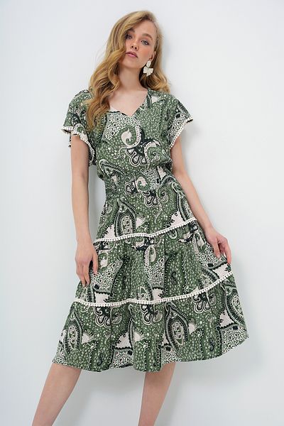 Trend Alaçatı Stili Women's Ecru-Green V-Neck Ethnic Patterned Scallop Detailed Waist Gimped Woven Dress Alc-X14094