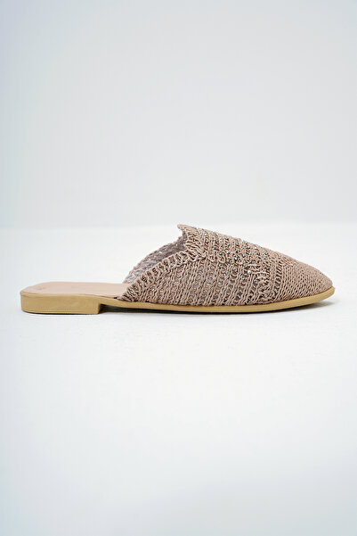Trend Alaçatı Stili Women's Mink Bead Embroidered Knitted Knitwear Flat Slippers Alc-X14016