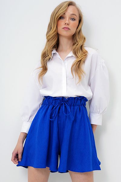 Trend Alaçatı Stili Women's Saks Double Pocket Tie Detailed Summer Woven Shorts Skirt Alc-X14096