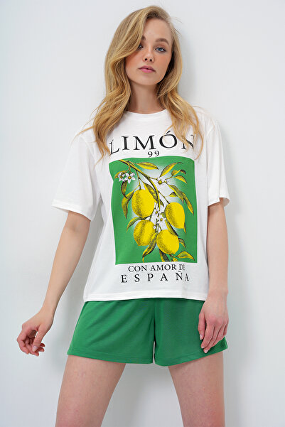 Trend Alaçatı Stili Women's Green Lemon Printed Cotton Basic T-Shirt and Shorts Pajama Set Pjm-X13903