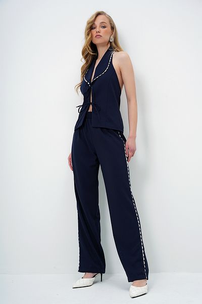 Trend Alaçatı Stili Women's Navy Blue Scallop Ribbed Backless Woven Vest and Trousers Set Alc-X13990