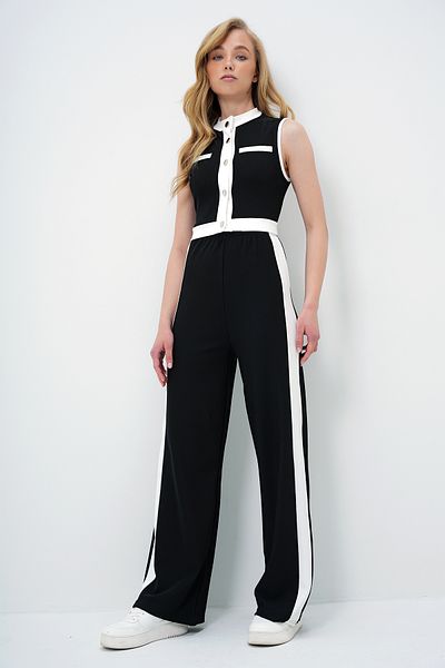 Trend Alaçatı Stili Women's Black Stand Collar Metal Button Color Block Crop Blouse and Palazzo Pants Set Alc-X13916