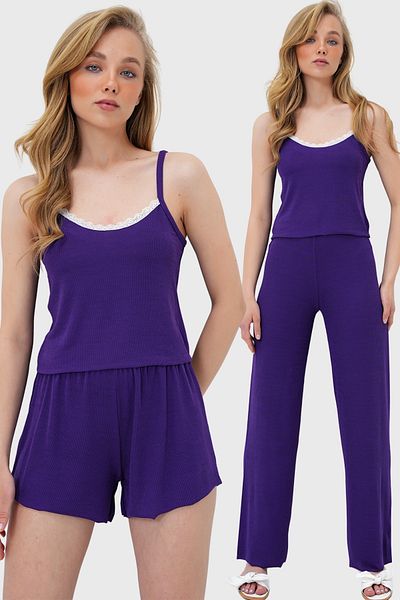 Trend Alaçatı Stili Women's Purple Rope Strap Lace Detailed Blouse, Shorts and Pants 3 Piece Set Pajama Set Pjm-X13917