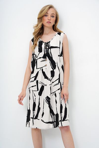 Trend Alaçatı Stili Women's Ecru-Black Crew Neck Lace-Up Detailed Midi Length Summer Dress Alc-X14089