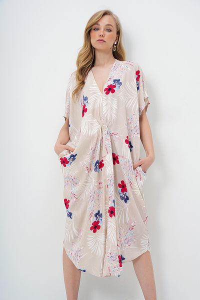 Trend Alaçatı Stili Women's Beige V-Neck Patterned Summer Maxi Length Woven Dress Alc-X14087