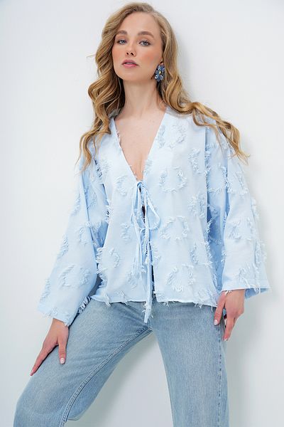 Trend Alaçatı Stili Women's Blue V-Neck Front Tie Tassel Detailed Summer Linen Jacket Alc-X13793