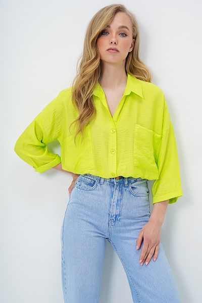 Trend Alaçatı Stili Ölgrünes, übergroßes, gewebtes Hemd mit zwei Taschen für Damen ALC-X13960