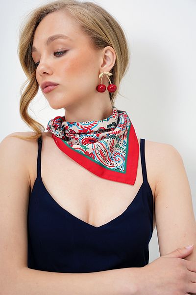 Trend Alaçatı Stili Women's Red Ethnic Patterned Bandana Scarf Alc-X14155