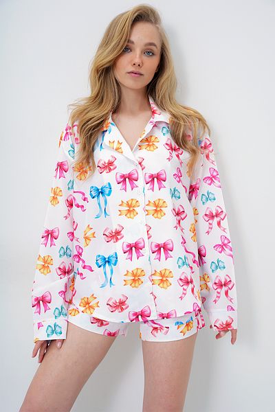 Trend Alaçatı Stili Women's Mix Double Cuff and Leg Detailed Woven Shirt and Shorts Pajama Set Pjm-X13919