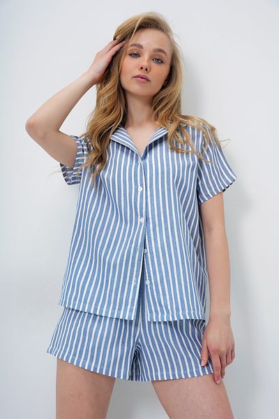 Trend Alaçatı Stili Cămașă și pantaloni scurți tricotați din bumbac de vară albastru închis pentru femei ALC-X14085