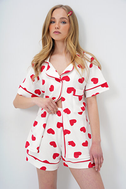 Trend Alaçatı Stili Women's Big Heart Red Single Pocket Piping Detailed Cotton Shirt and Shorts Pajama Set Pjm-X13911