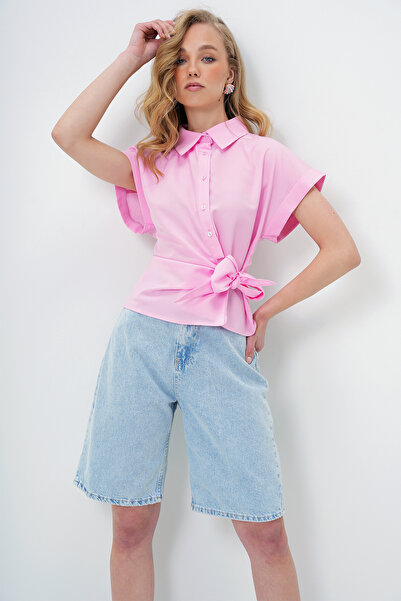 Trend Alaçatı Stili Női rózsaszín dupla ujjú fűzős részletes poplin ing ALC-X13989