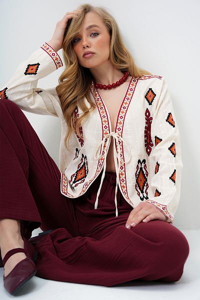 Trend Alaçatı Stili Women's Beige Ethnic Patterned Front Tie Summer Linen Jacket Alc-X14097