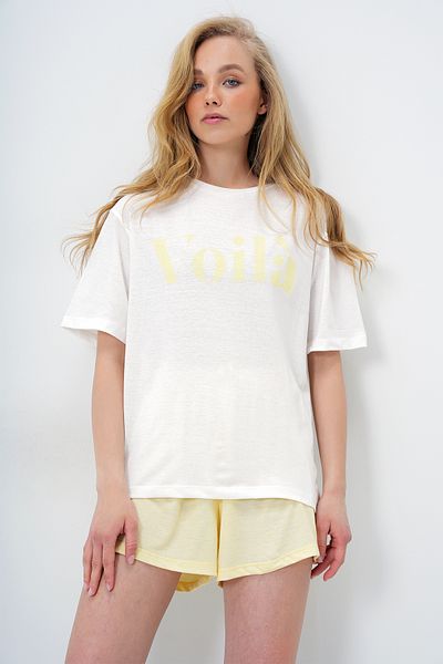 Trend Alaçatı Stili Butter Yellow Front Text Printed Cotton Basic T-Shirt and Shorts Combed Cotton Bottom Top Set Pjm-X13902