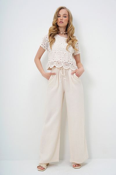 Trend Alaçatı Stili Women's Ecru Double Pocket Elastic Waist Muslin Linen Trousers Alc-X13992