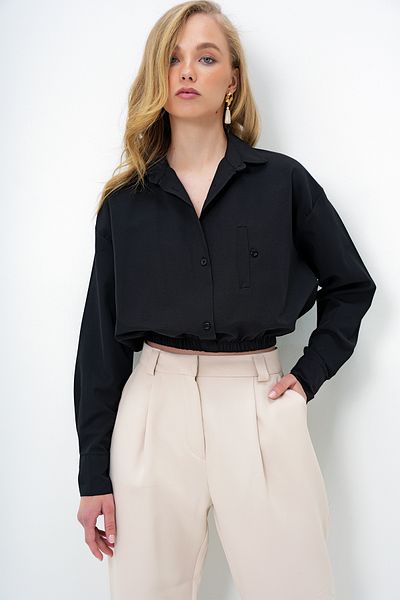 Trend Alaçatı Stili Women's Black Wide Cuff Elastic Waist Crop Poplin Shirt Alc-X13963