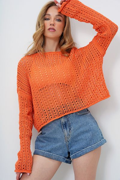 Trend Alaçatı Stili Orangefarbene Damen-Sommerbluse mit U-Boot-Ausschnitt und durchbrochenem Strickmuster ALC-X13999