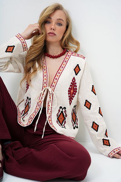Trend Alaçatı Stili Women's Beige Ethnic Patterned Front Tie Summer Linen Jacket Alc-X14097