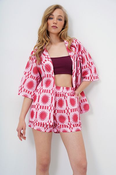 Trend Alaçatı Stili Women Pink Jacket Collar Print Shirt and Double Pocket Shorts Set Alc-X14131