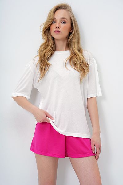 Trend Alaçatı Stili Women's Fuchsia Cotton Basic T-Shirt and Tie-Up Shorts Combed Cotton Bottom Top Set Pjm-X13904