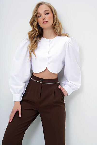 Trend Alaçatı Stili Women's White Crew Neck Balloon Sleeve Crop Poplin Shirt Alc-X13961