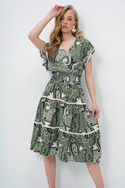 Trend Alaçatı Stili Women's Ecru-Green V-Neck Ethnic Patterned Scallop Detailed Waist Gimped Woven Dress Alc-X14094