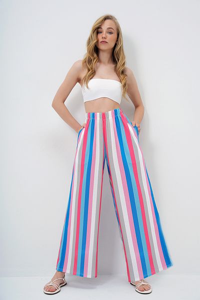 Trend Alaçatı Stili Damen-Sommerhose mit weitem Bein, rosa, blau, mit doppelten Taschen und Streifenmuster, ALC-X14142