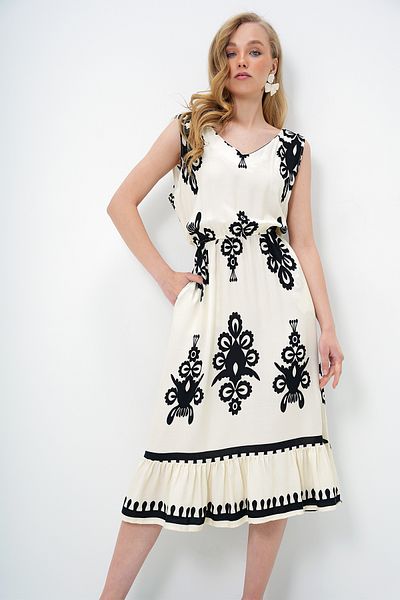 Trend Alaçatı Stili Women Ecru-Black Front Back V-Neck Patterned Skirt Flounces Summer Woven Dress Alc-X14095
