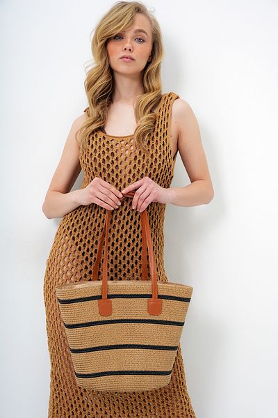 Trend Alaçatı Stili Women's Camel-Black Leather Corded Line Patterned Straw Large Size Beach Bag Alc-X14165