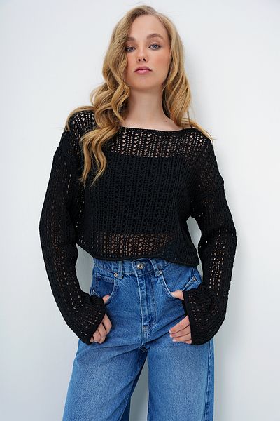 Trend Alaçatı Stili Schwarze Damen-Strickbluse mit U-Boot-Ausschnitt und durchbrochenem Strick für den Sommer ALC-X13999